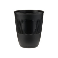 A drink bottle in matte black with ribbed texture and a round logo. Capacity of 12oz (355ml).
