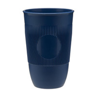A drink bottle in a dark blue colour with a textured design and a smooth circular area. It has a logo on the side.
