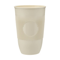 A drink bottle with a ribbed design, featuring a circular logo, in a light cream colour.