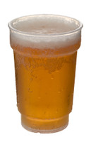 A 425ml clear plastic schooner glass filled with golden beer and topped with a foamy head.