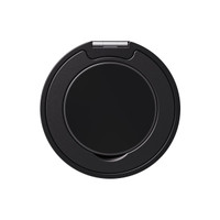 A black phone grip and stand with a circular design and a metal hinge. It features a logo on the surface.