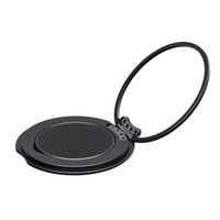 A black phone grip and stand with a circular base and a looping handle for easy use.
