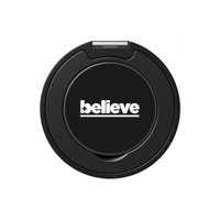 A black phone grip and stand with a circular design and a logo on its surface.