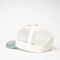 A trucker cap in teal with a white mesh back and an adjustable snap closure. Includes a logo on the front.