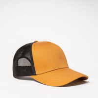 A yellow and black UFlex Classic Ultra-lite 5 Panel Trucker Cap with a mesh back and curved brim.