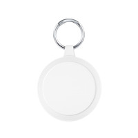A keyring with a round, white attachment featuring a textured rim, ideal for holding keys or small items.