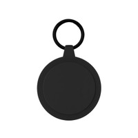 A black circular keychain with a textured rim and a loop for attachment. Features a branding logo.