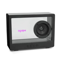 A black speaker with a transparent casing and a single round speaker cone, featuring a logo.