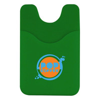 A green Smart Wallet with a pocket for cards and a logo on the front.