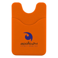 An orange phone wallet featuring a logo, designed to hold cards and a phone.
