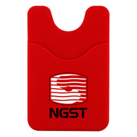 A red phone wallet with a textured design and a logo featuring horizontal stripes and text.
