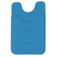 A blue phone wallet featuring a textured design and a logo, designed to hold cards or cash.