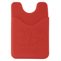 A red silicone phone wallet with a textured surface and a cut-out section at the top. It features a logo.