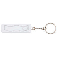 A white recycled plastic phone stand with a fidget toy, attached to a metal keychain.