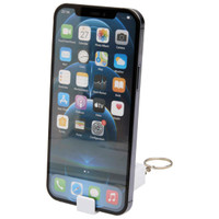 A white recycled plastic phone stand featuring a fidget toy attached, designed to hold a smartphone.