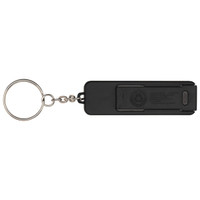 A black keychain with a rectangular body and a circular attachment ring. It features a logo on one side.