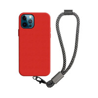 A red phone case with a black and white patterned wrist strap, featuring a metal clip and a logo.