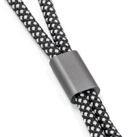 A black and white braided wristband strap with a matte black connector.