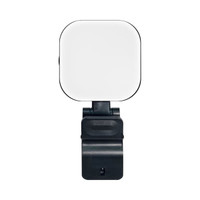 A square, white LED selfie light mounted on a black clip, featuring a minimalistic design.