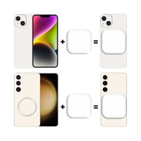 A promotional image featuring mobile phones in white, showing a magnetic LED selfie light concept with its shape and design.