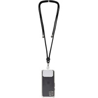 A phone lanyard in black holds a transparent phone case, featuring a logo on the back.