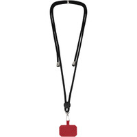 A black phone lanyard featuring a red rectangular holder at the bottom and silver clips on either end.