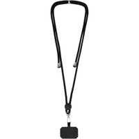 A black lanyard with two cord ends and a rectangular attachment point. It features a branded logo.