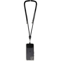 A black phone lanyard holds a phone case with a transparent back and camera cutout, featuring a branding logo.