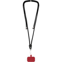 A black phone lanyard with silver tips and a red holder at the bottom. Features a branding logo.