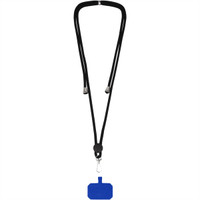 A black phone lanyard featuring a blue attachment with a clip at the end. It has a branding logo.