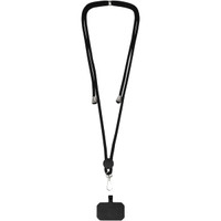 A black phone lanyard with a clasp and a rectangular attachment. The lanyard features a smooth, streamlined design.