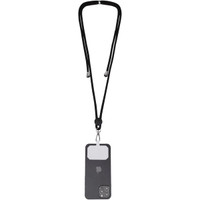 A black phone lanyard holds a mobile phone with a sleek design and a logo, featuring a secure attachment.