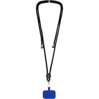 A black lanyard with a blue attachment for holding devices, featuring a logo near the connector.