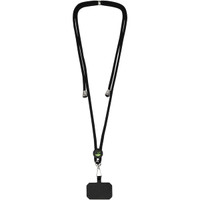 A black phone lanyard features adjustable cords and a clip for attaching devices. It has a simplistic design.