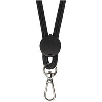 A black phone lanyard with a clasp and a plastic attachment point. It features a woven design.