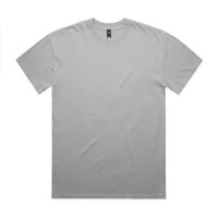 A grey heavy faded t-shirt is displayed flat, featuring a round neckline and short sleeves. It has a logo tag.