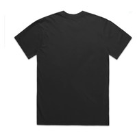A black heavy faded tee shirt with a plain design and a small logo on the back.