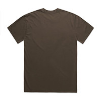 A plain brown heavy faded t-shirt displayed flat on a white background, featuring a simple design and a logo.