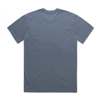 A faded blue t-shirt featuring a crew neck and short sleeves, with a logo on the back.