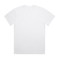 A plain white T-shirt featuring a crew neckline and short sleeves, with a logo on the back.