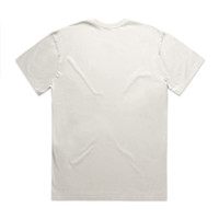 A plain white T-shirt with short sleeves, featuring a simple design and a logo on the back.