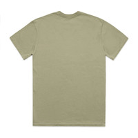 A t-shirt in a faded olive green colour, featuring a simple design and a logo on the back.