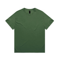 A green, heavy faded tee shirt with a classic crew neck design and a branding logo on the label.