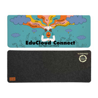 A colorful desk mat featuring a whimsical design with clouds and a central character, in teal and gray colors.