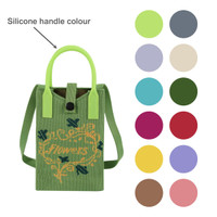 A green knitted phone crossbody bag with a silicone handle in contrasting colour and floral design, displayed amongst colour swatches.