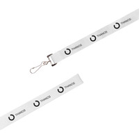 A white lanyard featuring black circular icons and the word "THANOS," with a metal clip for attaching items.