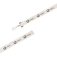 A white paper yarn lanyard featuring a clip and a repeated logo design in black.