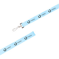 A light blue lanyard featuring a logo and text, designed for attaching items easily.
