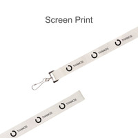 A white lanyard with black screen print designs and a metal clip for attachments. It features branding elements.