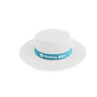 A white straw hat featuring a light blue ribbon and a logo.